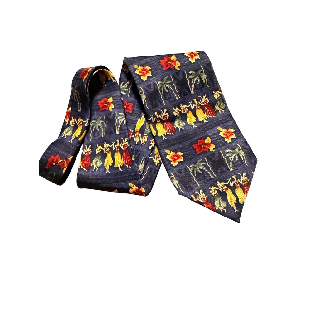 VTG Tropicals by Tango Mens Silk Tie Navy Blue Hula Dancers Hibiscus Floral 4"